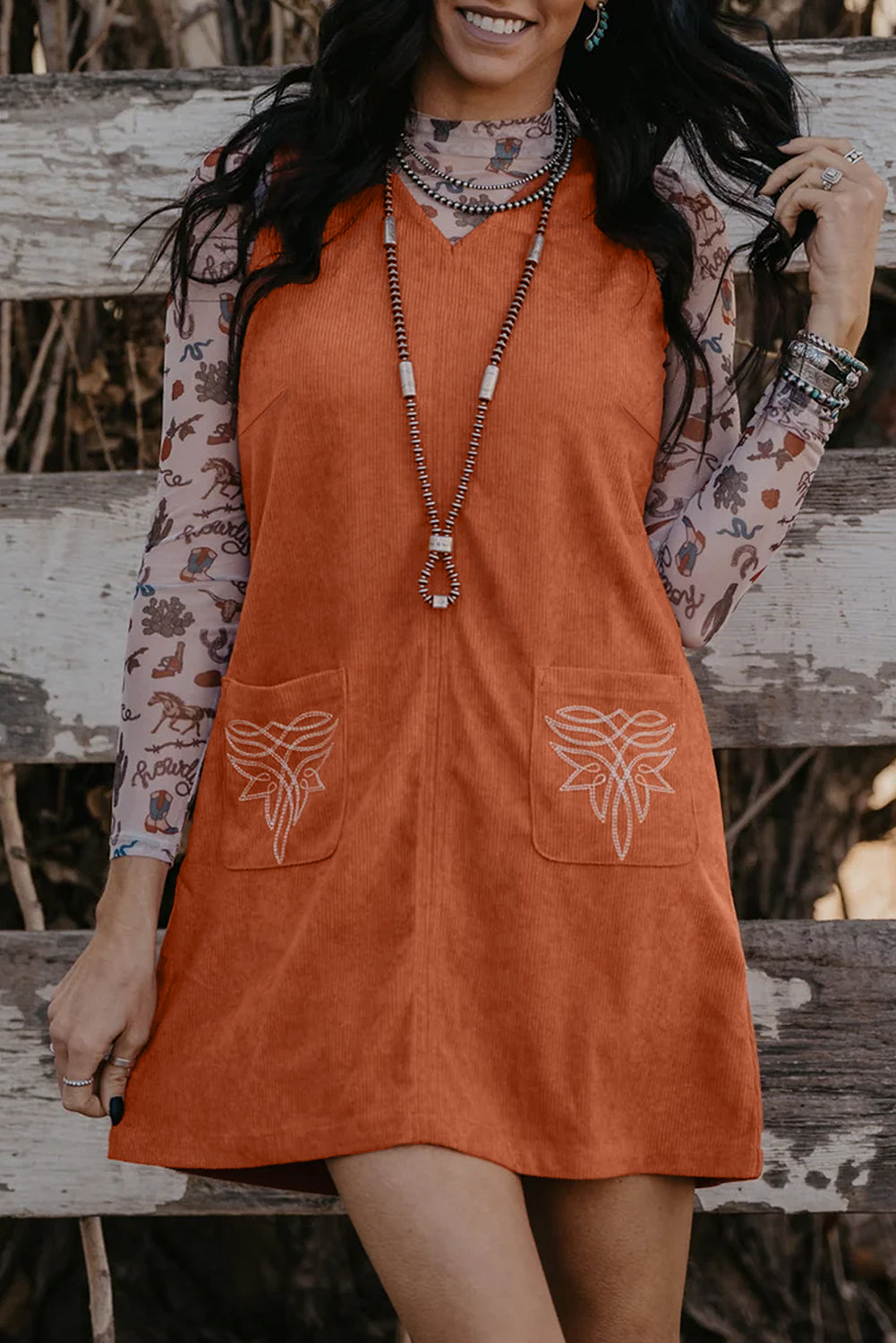 Corduroy Western Embroidered Sleeveless Mini Dress