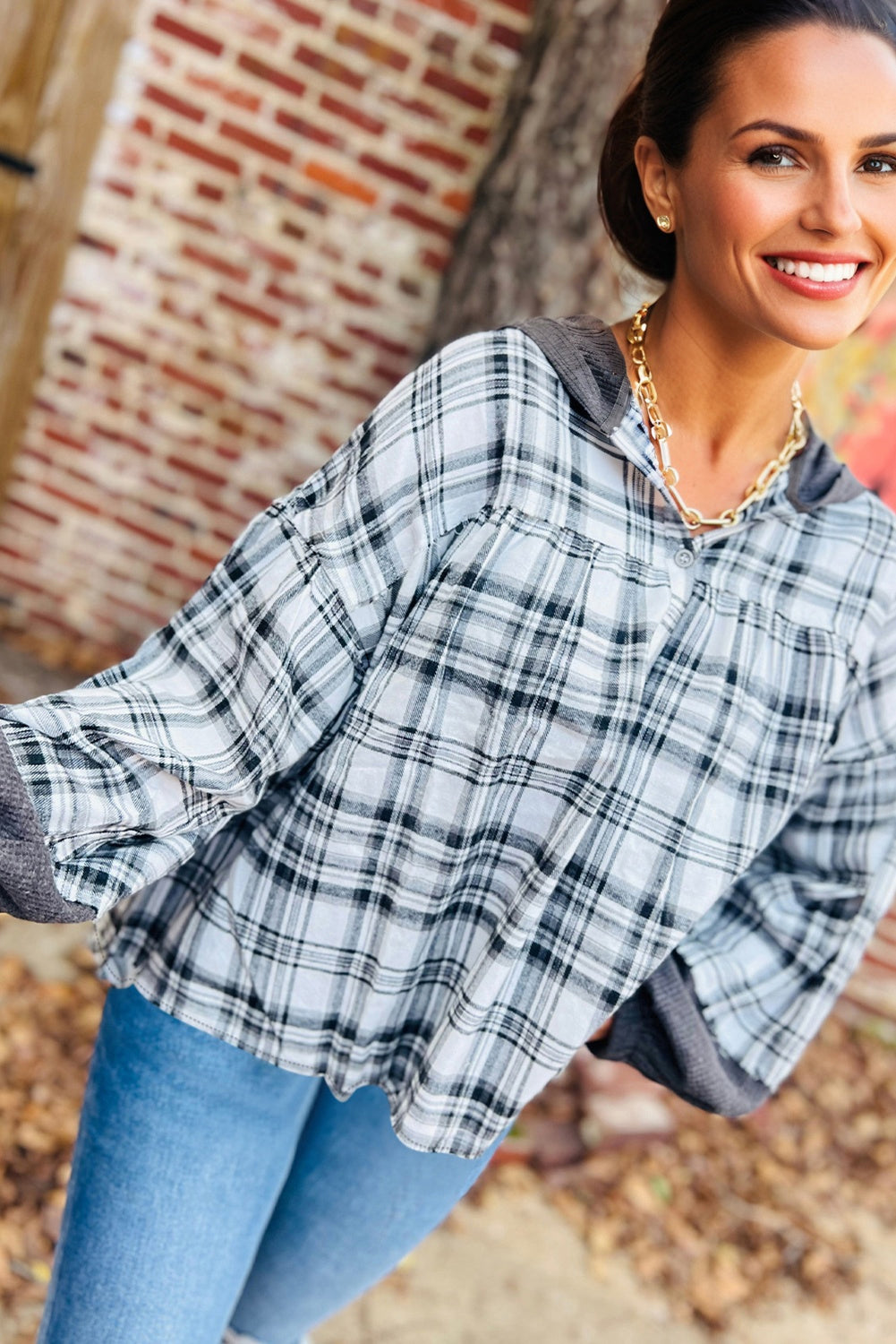 Brown Plaid Long Sleeve Hooded Sweater
