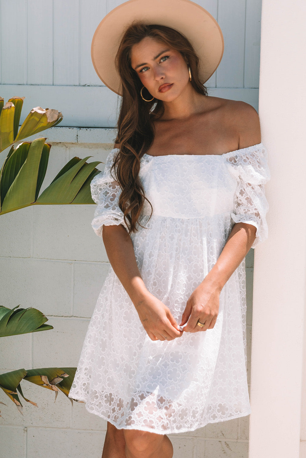 White Floral Lace Puff Sleeve Mini Dress