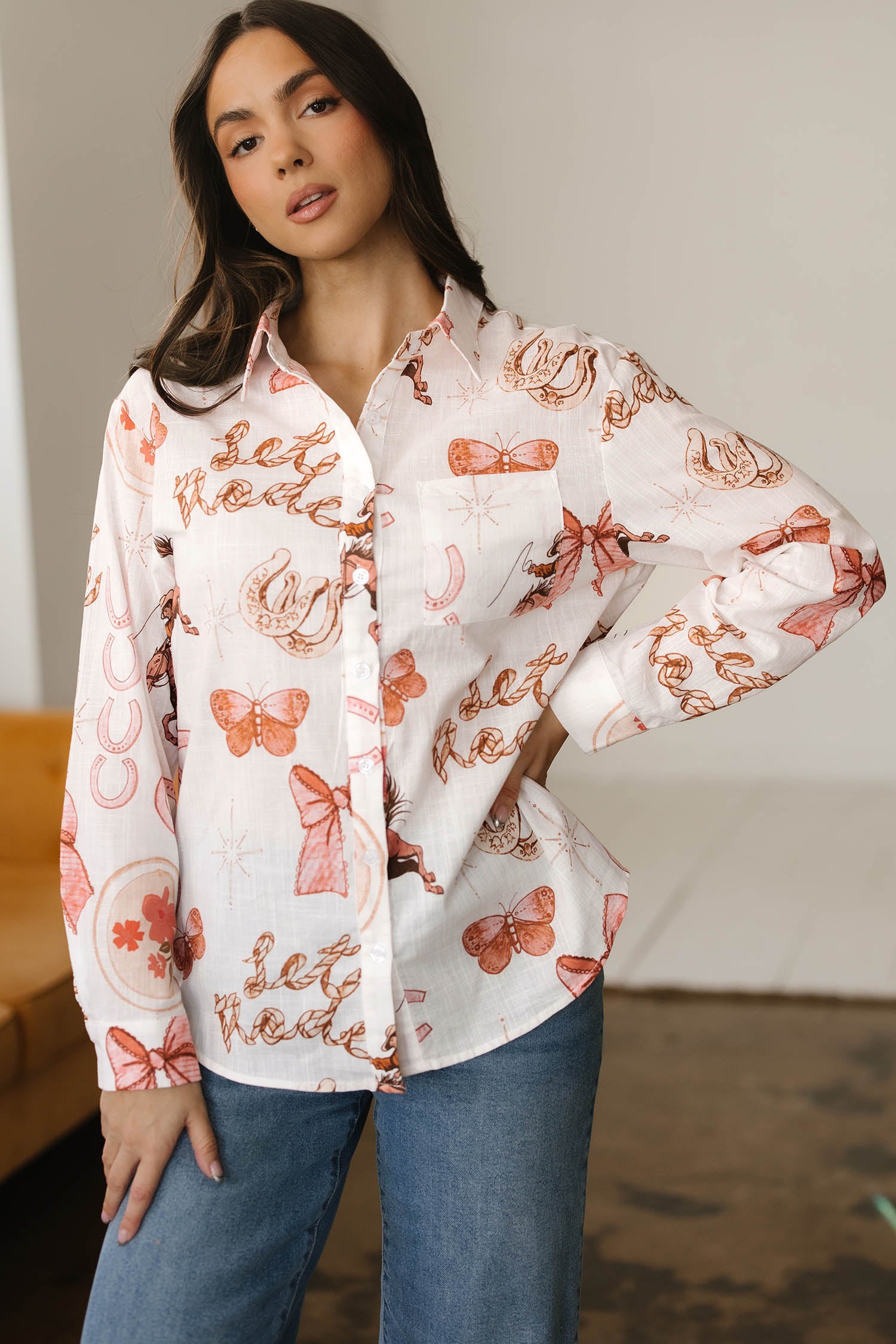 White Rodeo Cowgirl Print Button Up Shirt