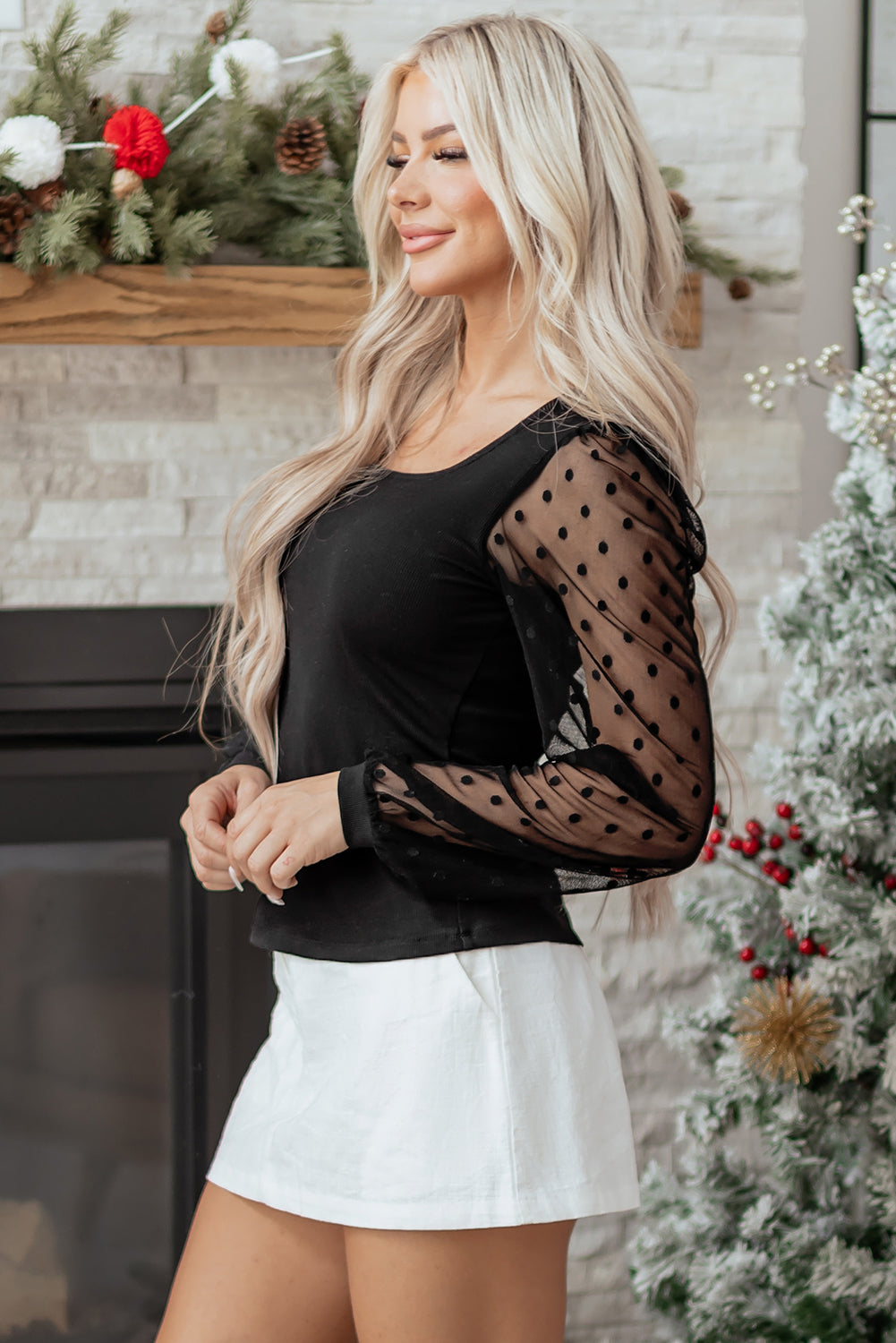 Polka Dot Mesh Long Sleeve Top