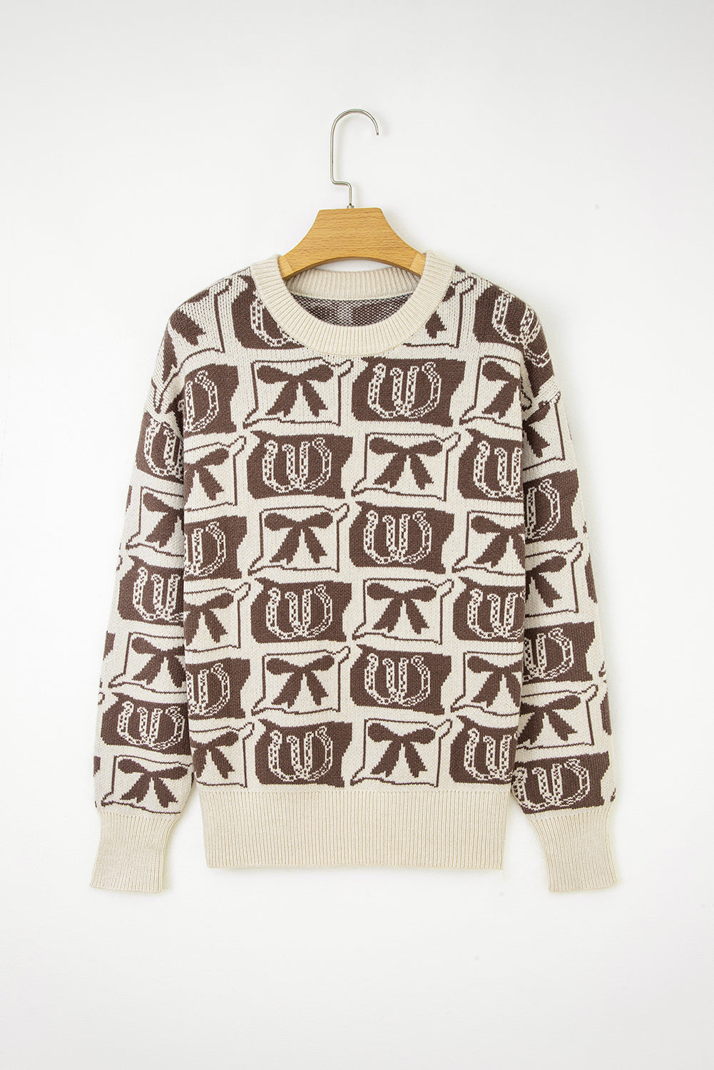 Brown Bows & Horseshoes Pattern Western Fashion Print Sweater