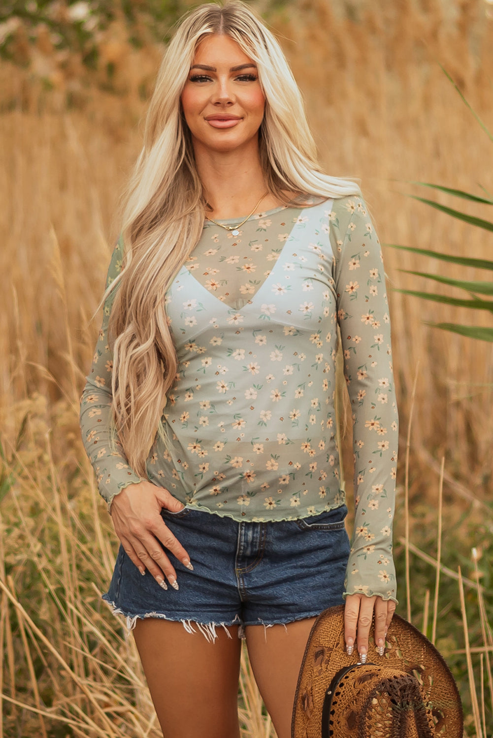Laurel Green Vintage Floral Print Mesh Long Sleeve Top