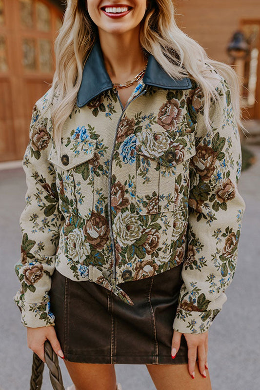 Floral Print Zip Up Collared Jacket