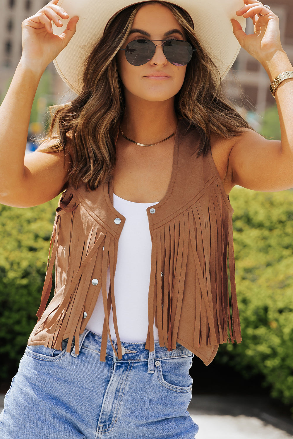 Camel Fringed Snap Button Vest