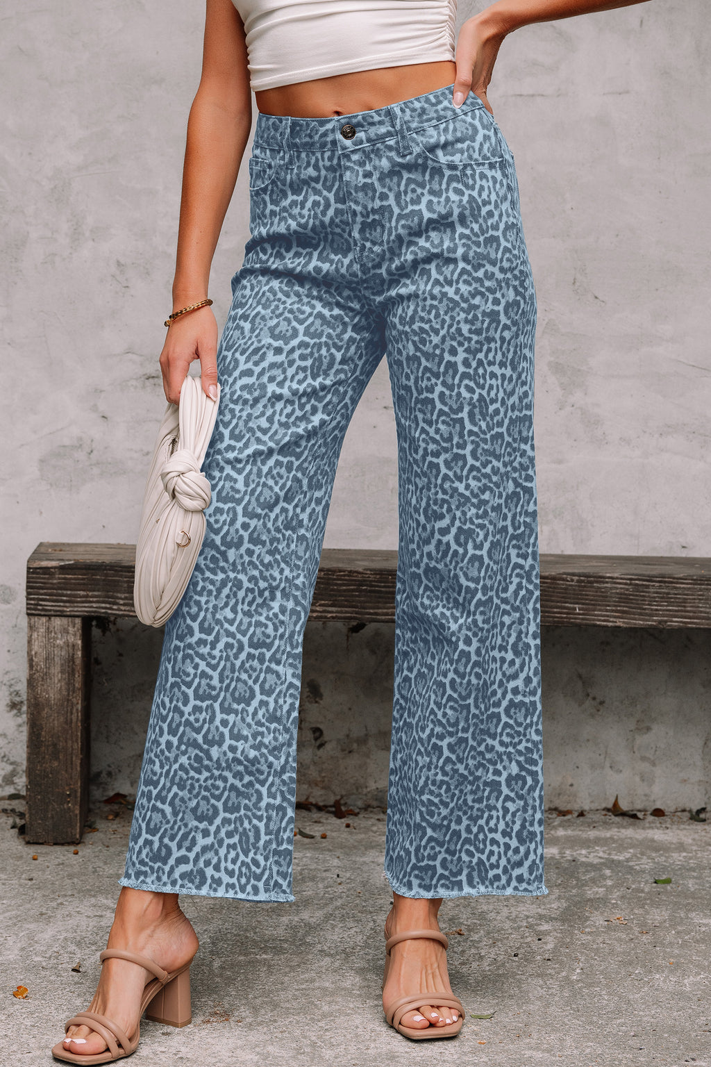 Rose Leopard Frayed Edge Wide Leg High Waist Jeans