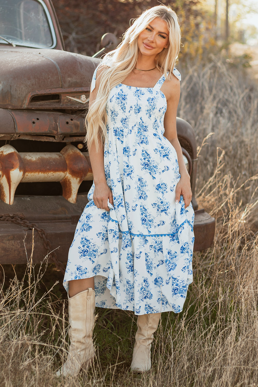Floral Print Knot Shoulder Sleeveless Long Dress
