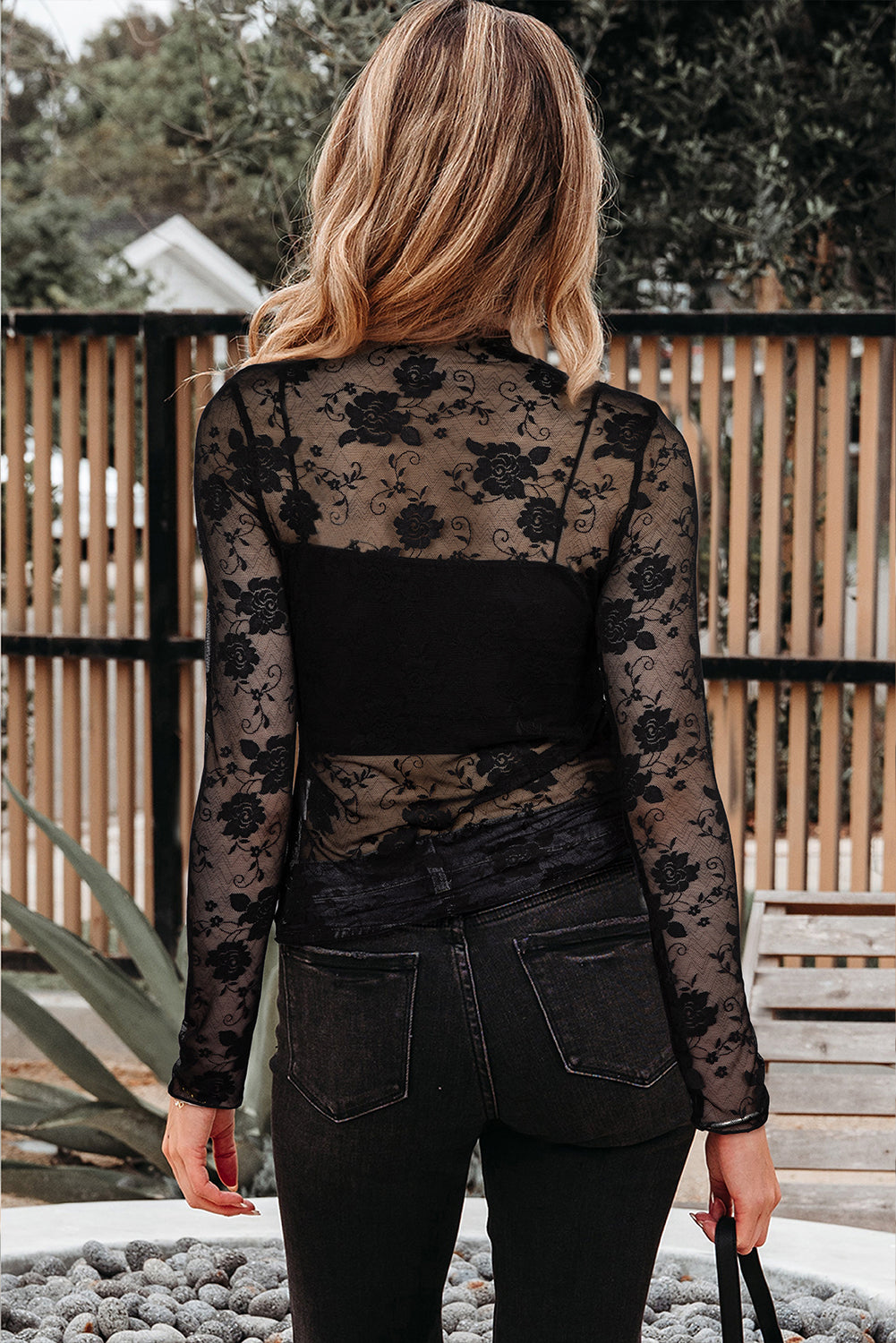 Sheer Floral Lace Mesh Long Sleeve Top