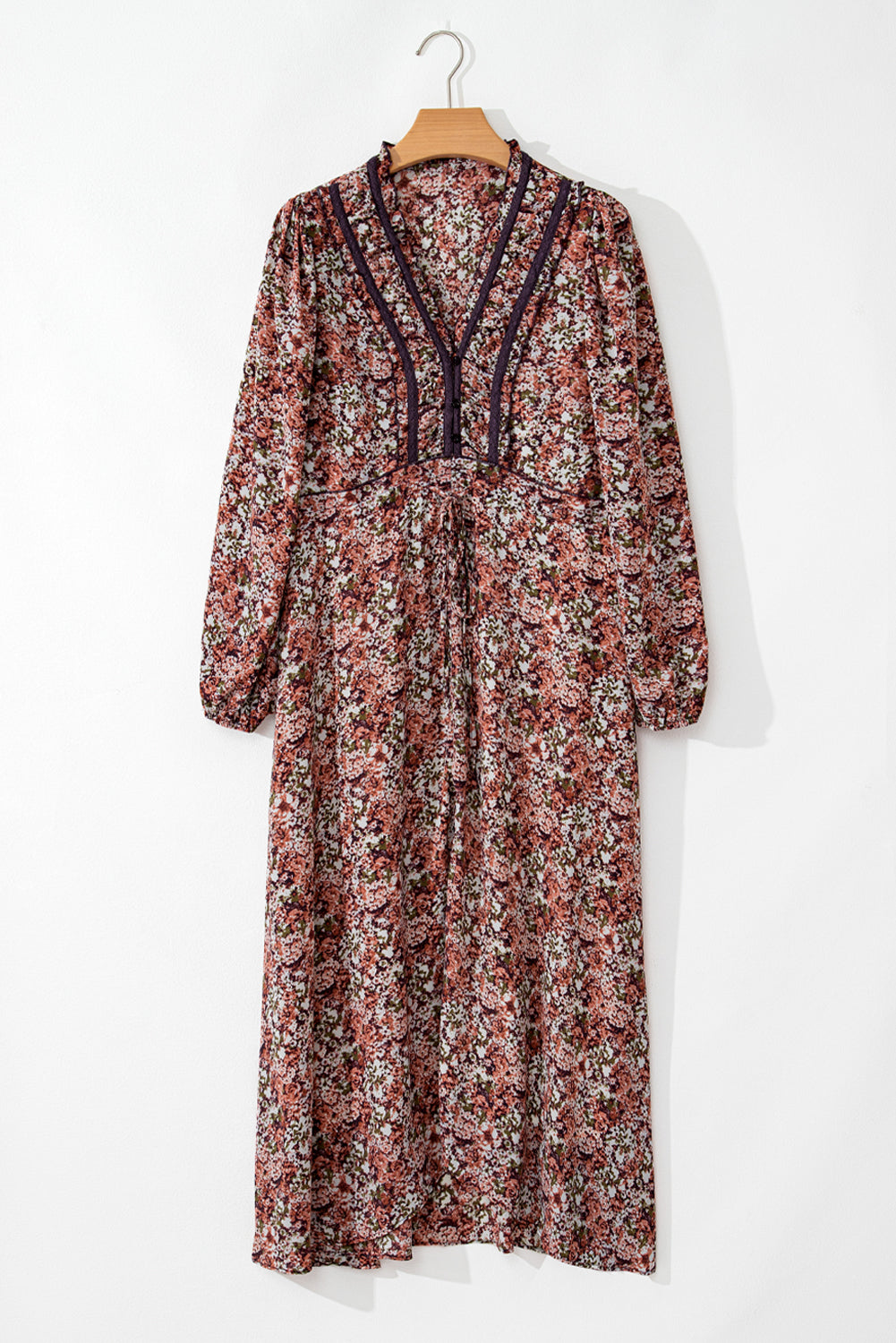 Floral Print Frilled V Neck Midi Dress