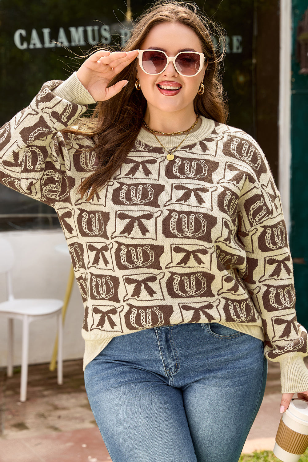Brown Bow Horseshoe Print Plus Size Sweater