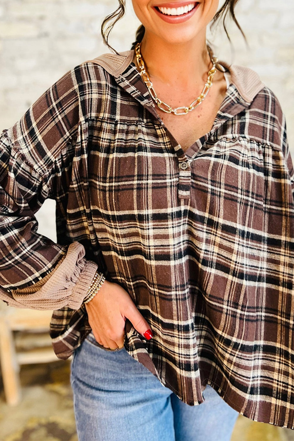 Brown Plaid Long Sleeve Hooded Sweater