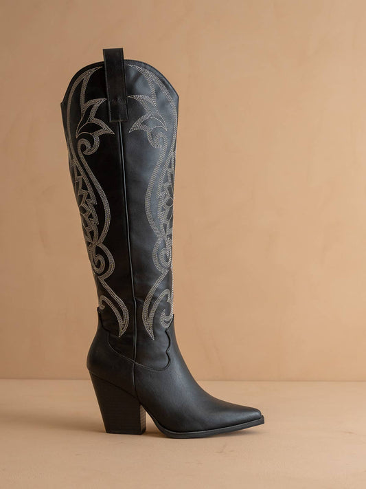 The Astrid Black | Knee High Embroidered Cowboy Western Boot