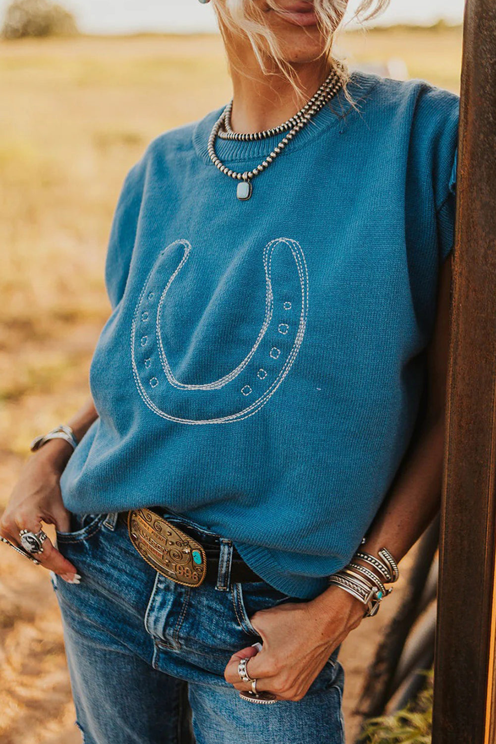 Horse Shoe Embroidered Short Sleeve Sweater