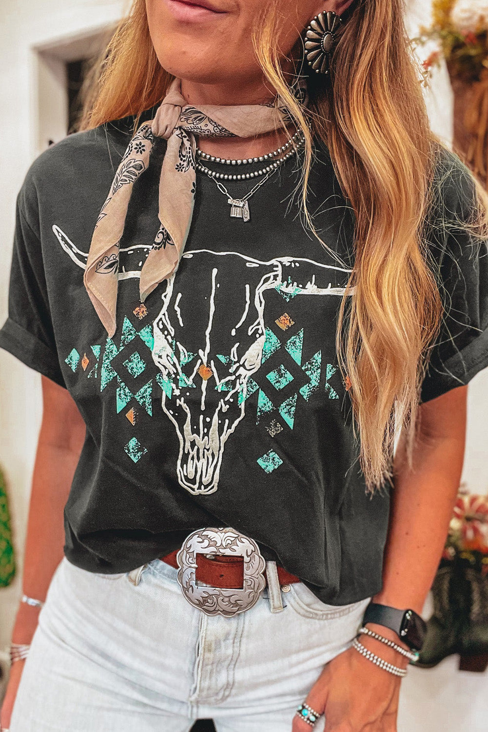 Western Bull Head Aztec Graphic T Shirt