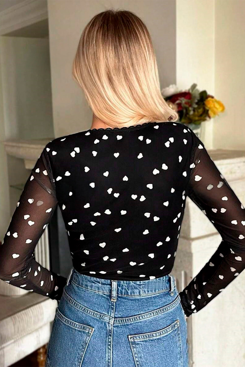 Heart Shape Mesh Square Neck Bodysuit