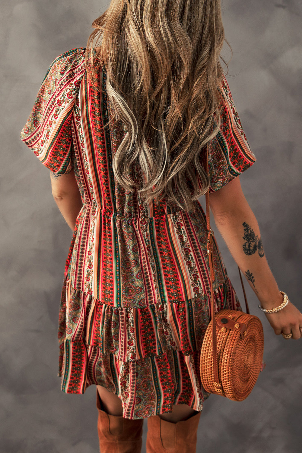 Bohemian Floral Print V Neck Dress
