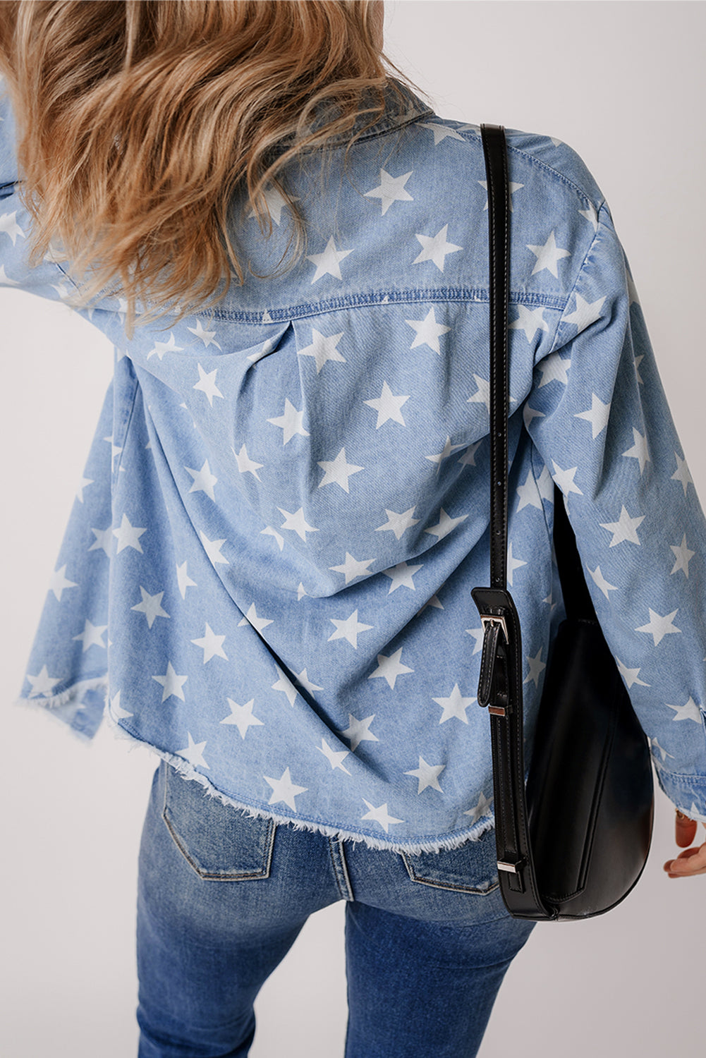 Blue Star Print Light Wash Raw Hem Denim Jacket