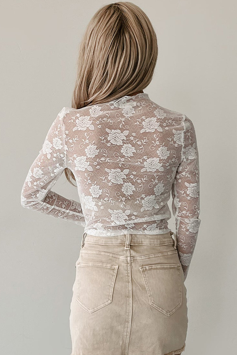 Sheer Floral Lace Mesh Long Sleeve Top