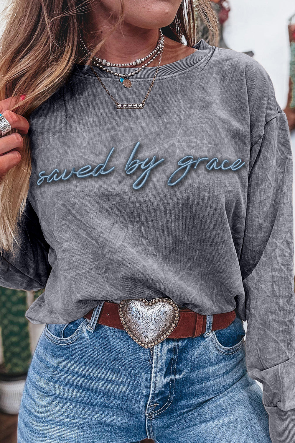 Saved By Grace Embroidered Mineral Wash Sweatshirt