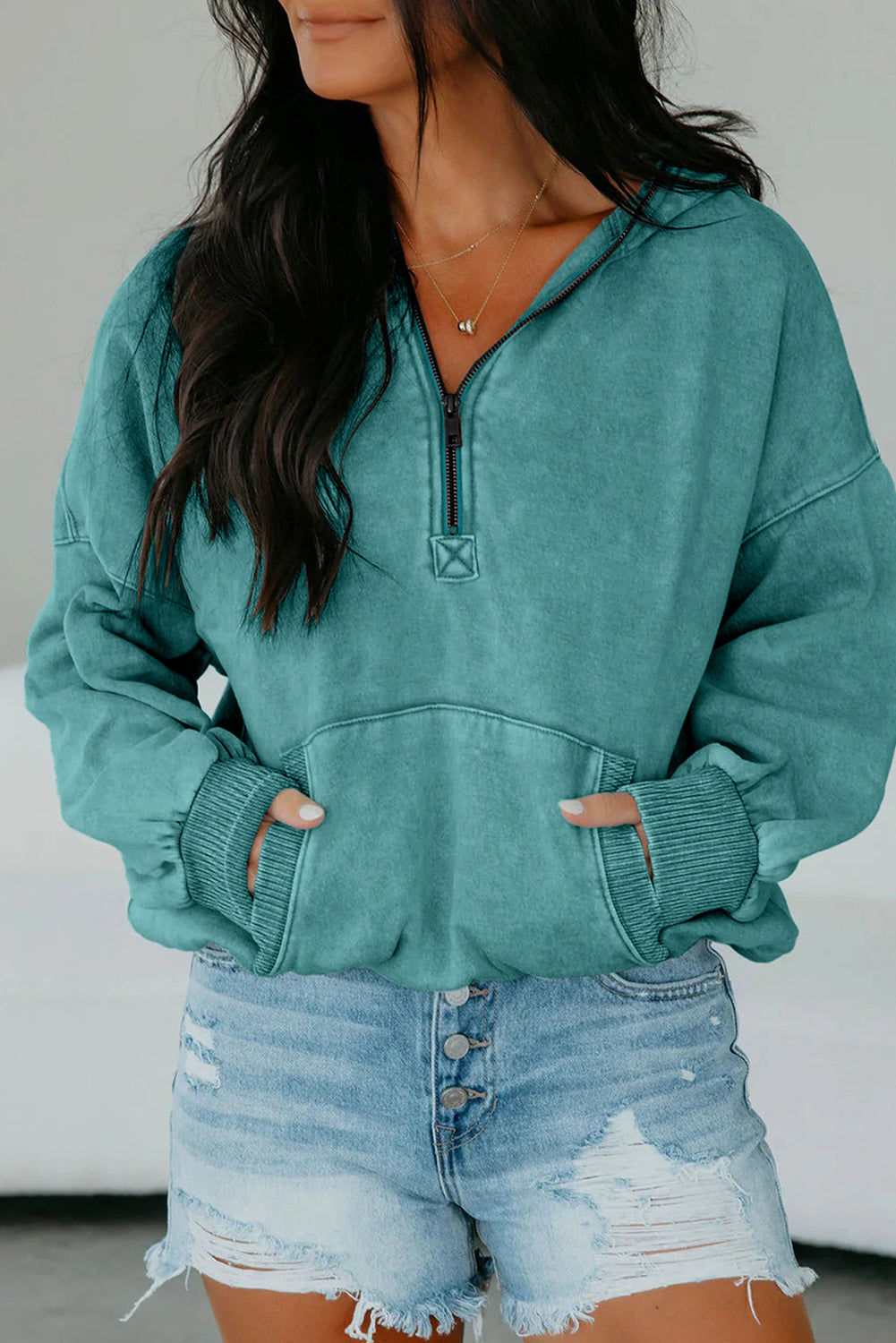 Elmwood Half Zip Kangaroo Pocket Mineral Wash Baggy Hoodie