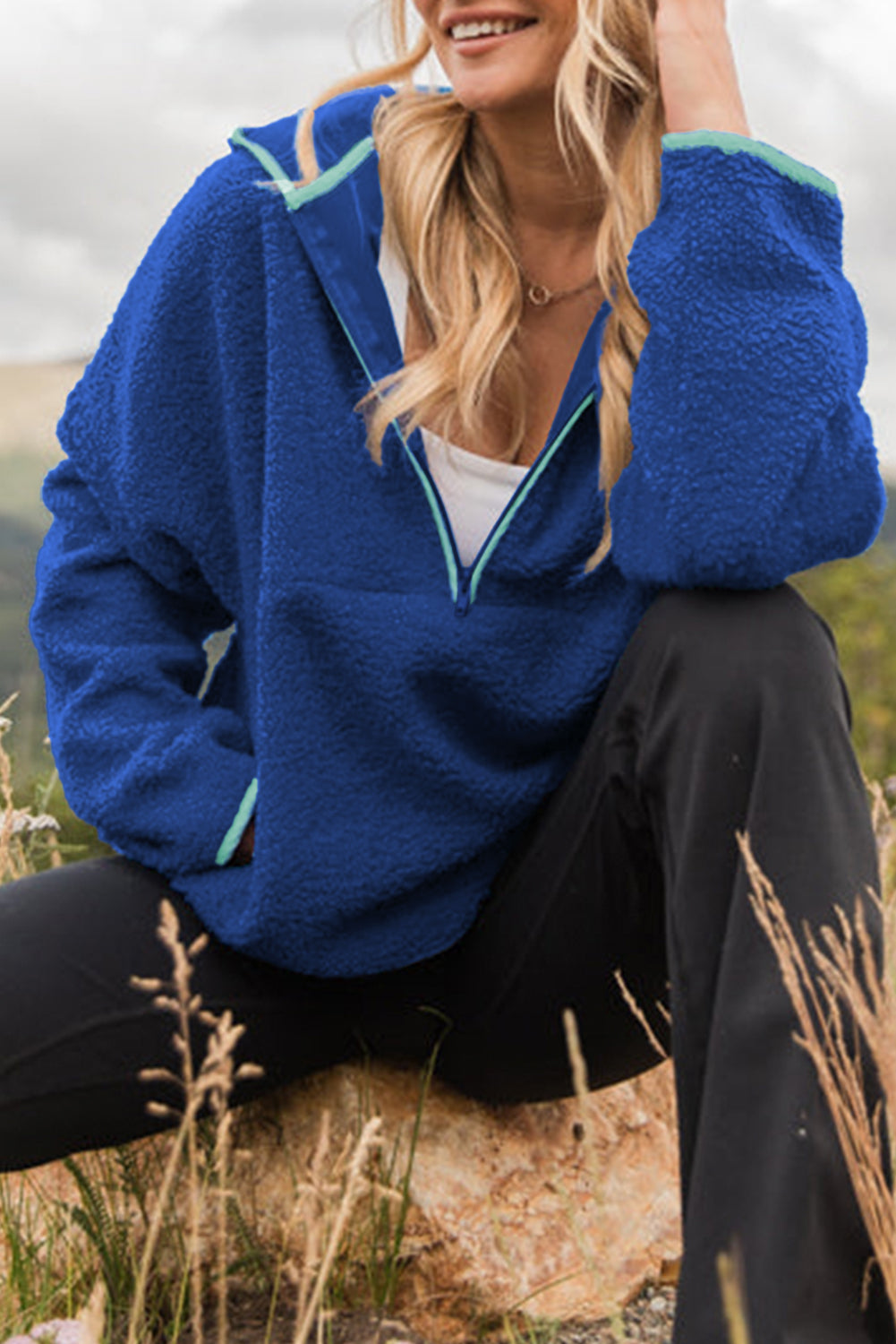 Blue Sherpa Half Zip Pullover Hoodie