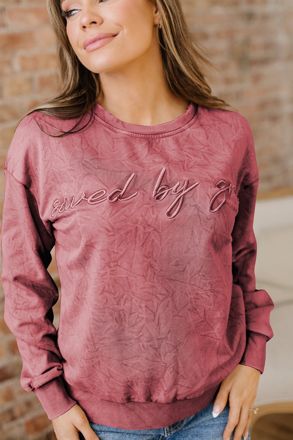 Saved By Grace Embroidered Mineral Wash Sweatshirt