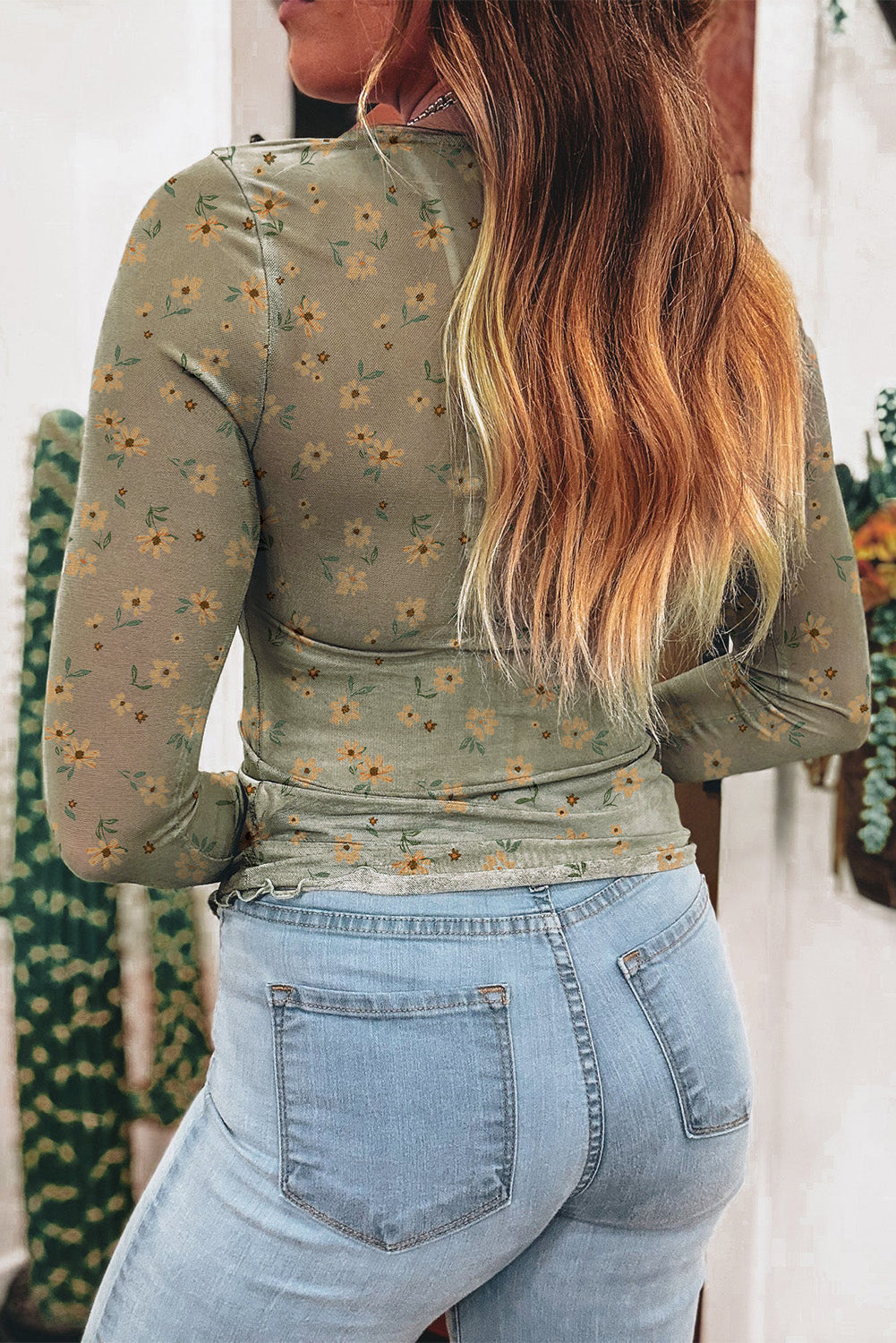 Laurel Green Vintage Floral Print Mesh Long Sleeve Top