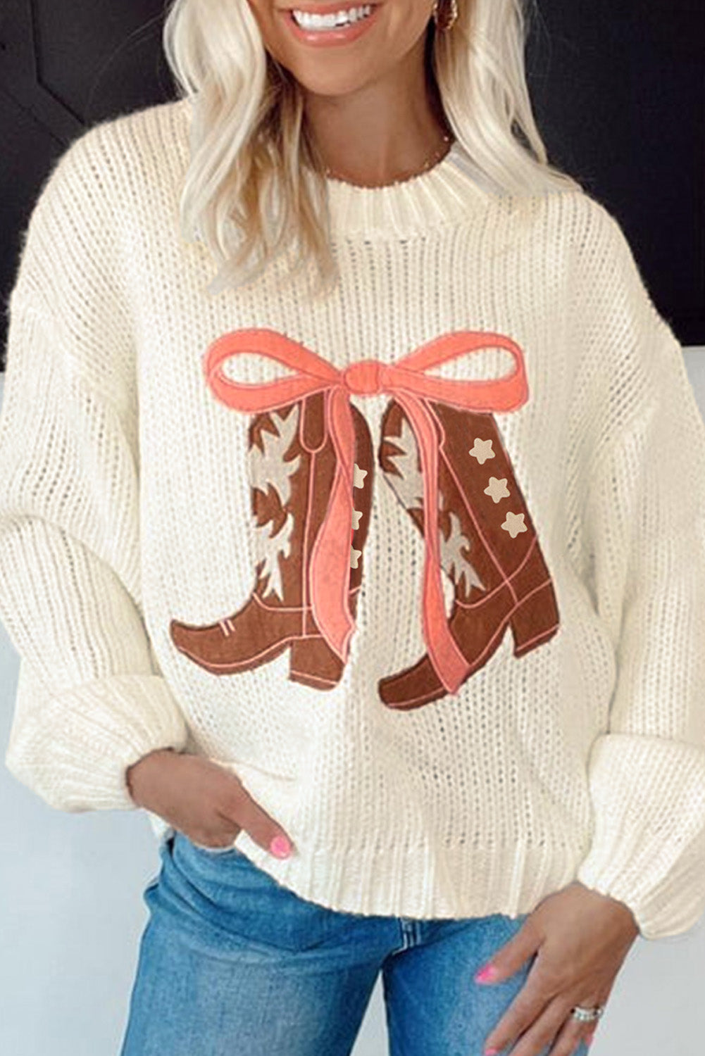 Embroidered Bow Boots Graphic Sweater