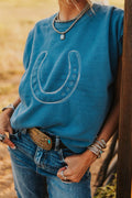 Horse Shoe Embroidered Short Sleeve Sweater