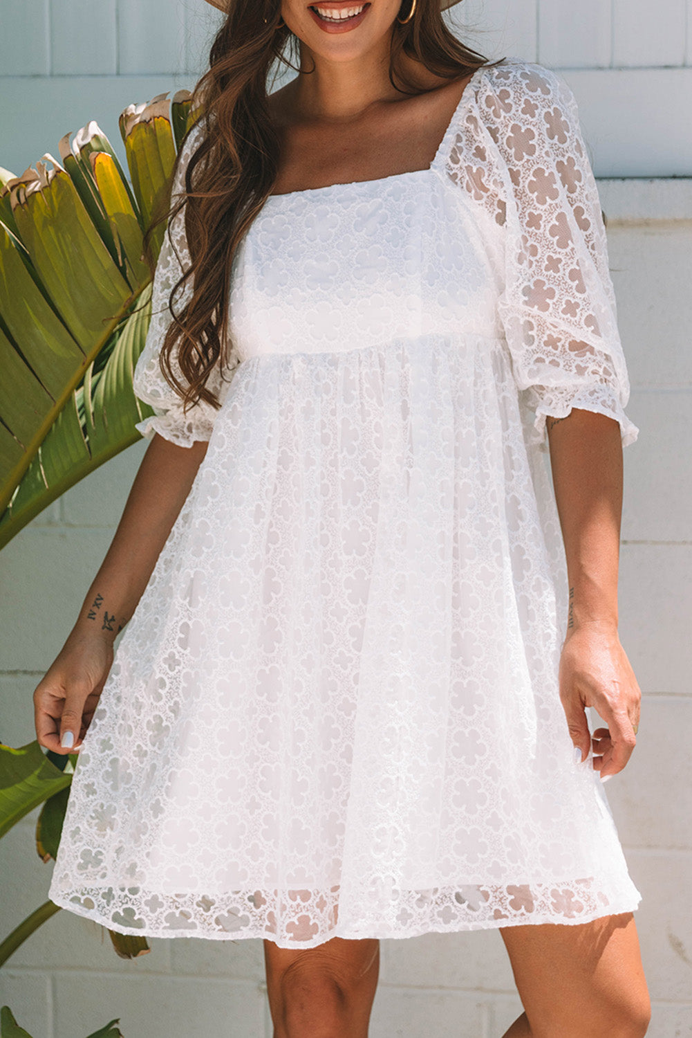 White Floral Lace Puff Sleeve Mini Dress