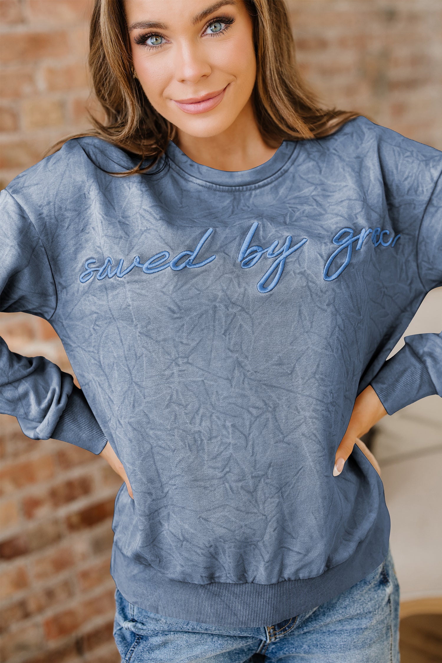 Saved By Grace Embroidered Mineral Wash Sweatshirt