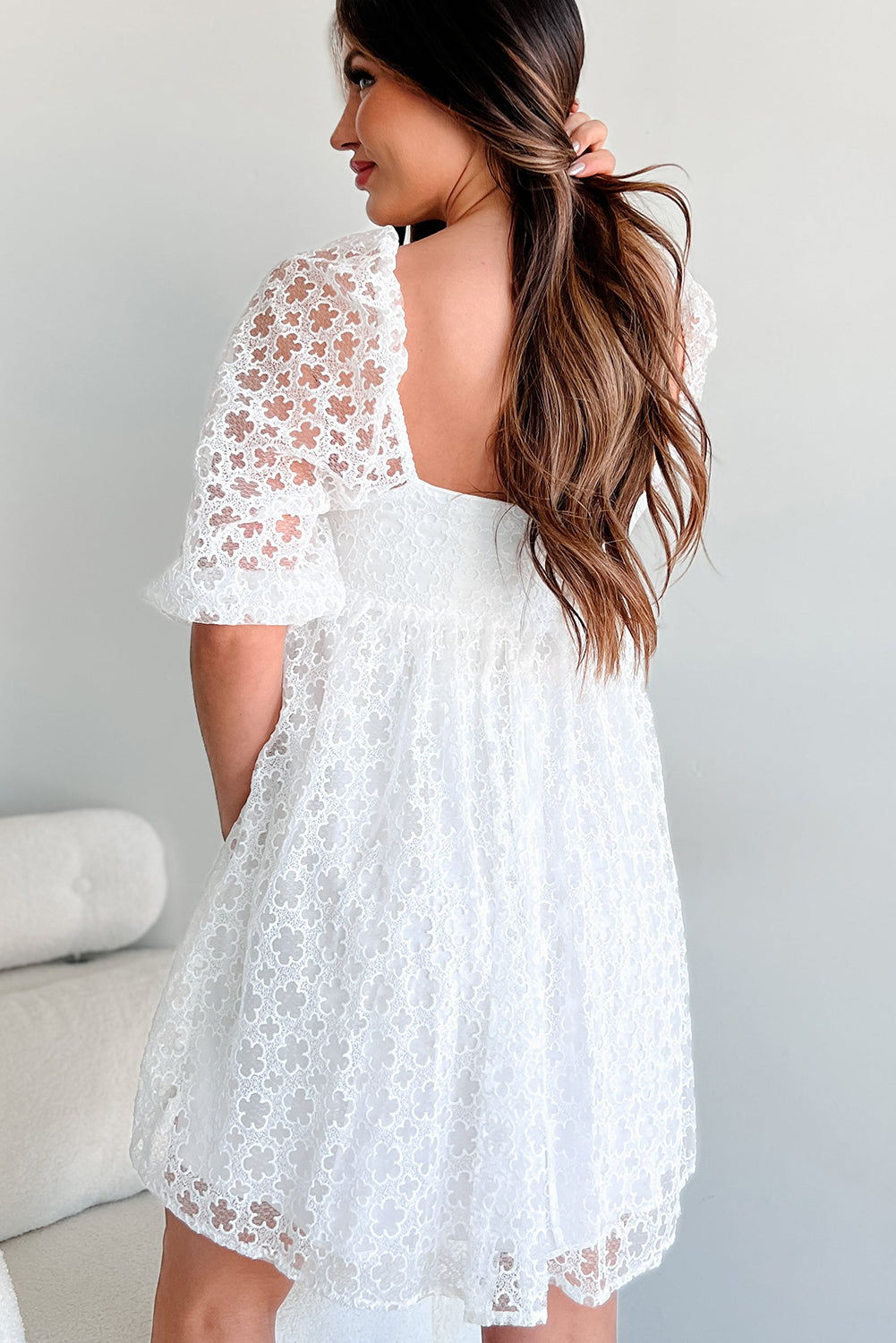 White Floral Lace Puff Sleeve Mini Dress