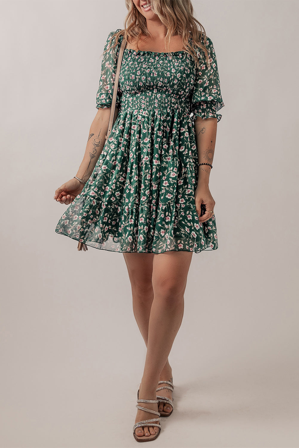 Green Short Sleeve Floral Dress