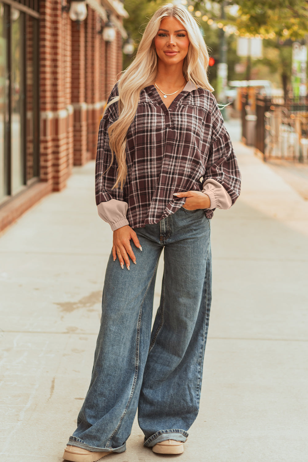 Brown Plaid Long Sleeve Hooded Sweater