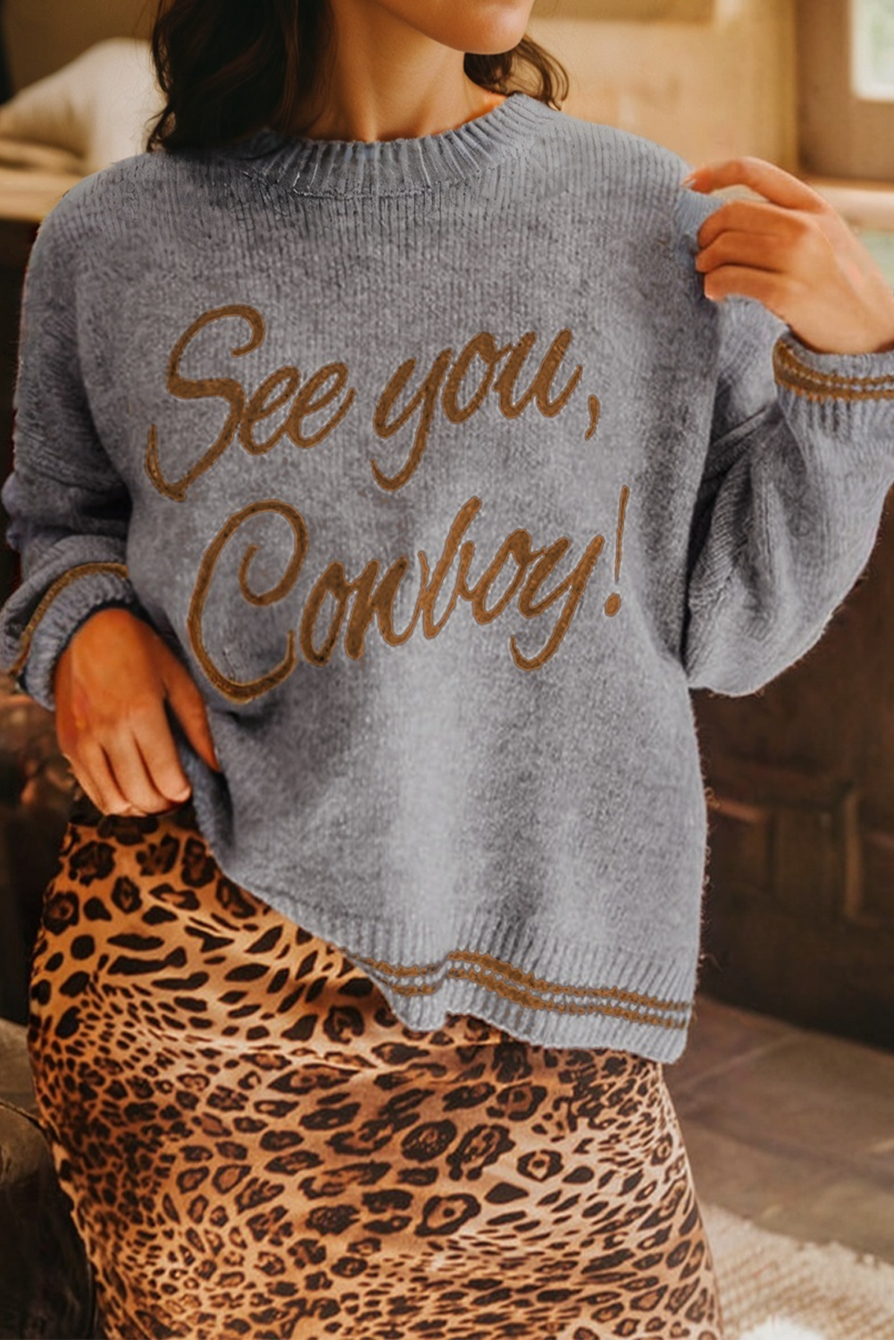 See You Cowboy Embroidered Western Graphic Sweater