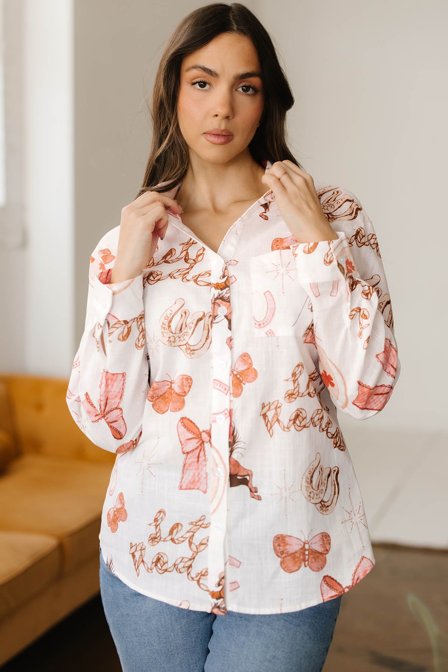 White Rodeo Cowgirl Print Button Up Shirt