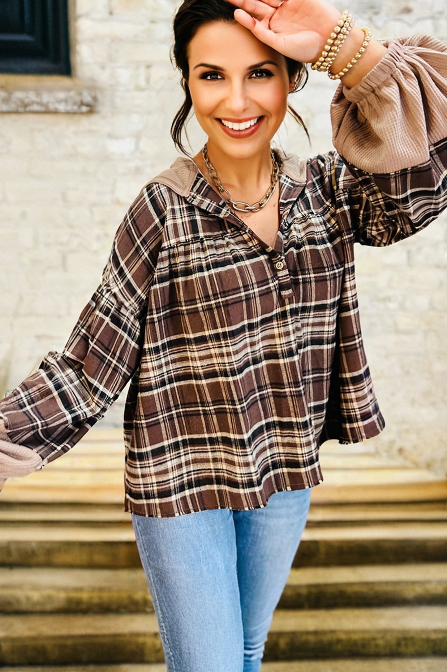 Brown Plaid Long Sleeve Hooded Sweater