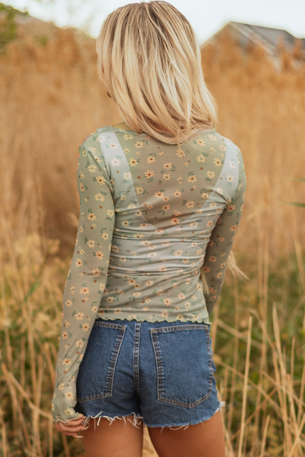 Laurel Green Vintage Floral Print Mesh Long Sleeve Top