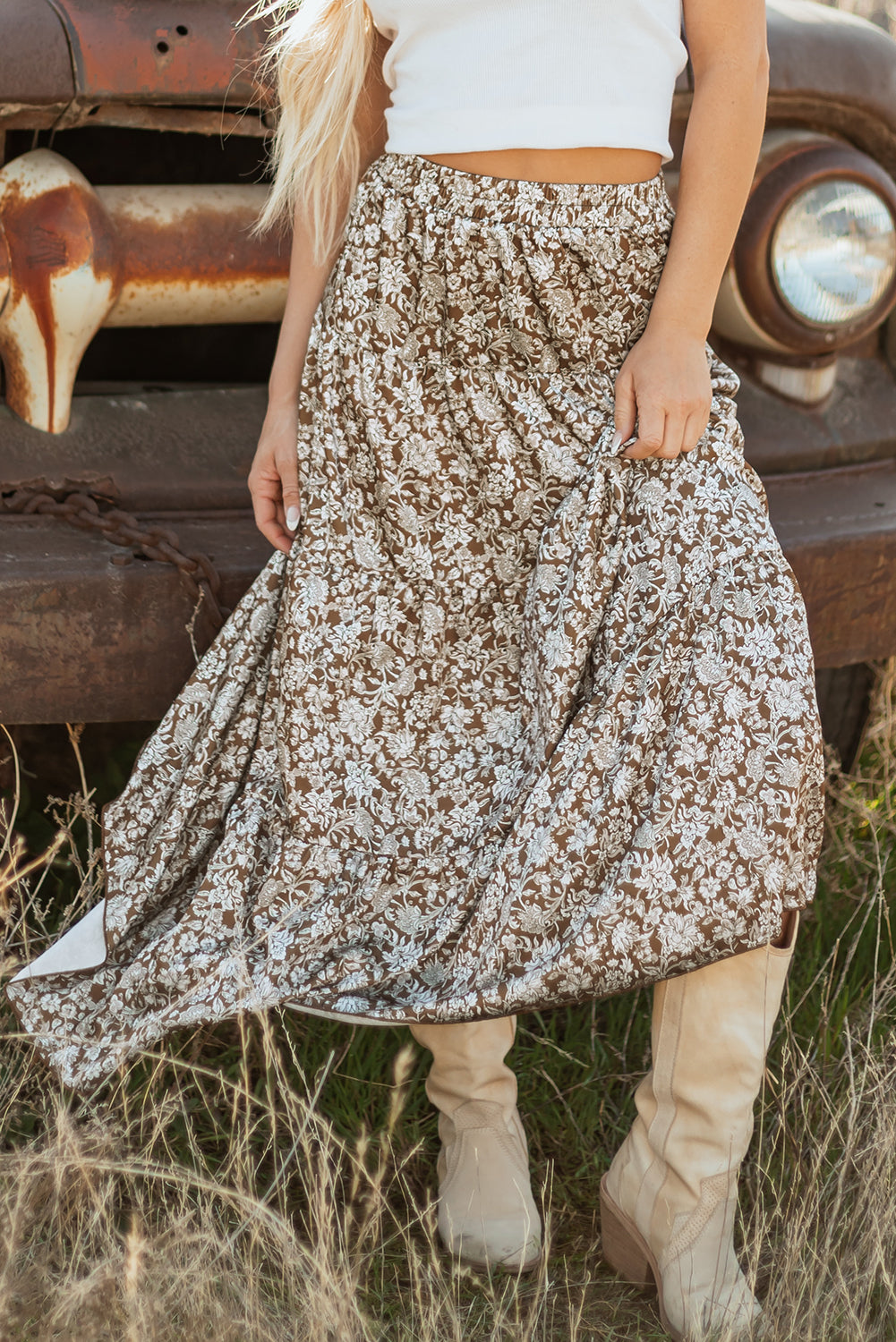 Western Floral High Waist Loose Maxi Skirt