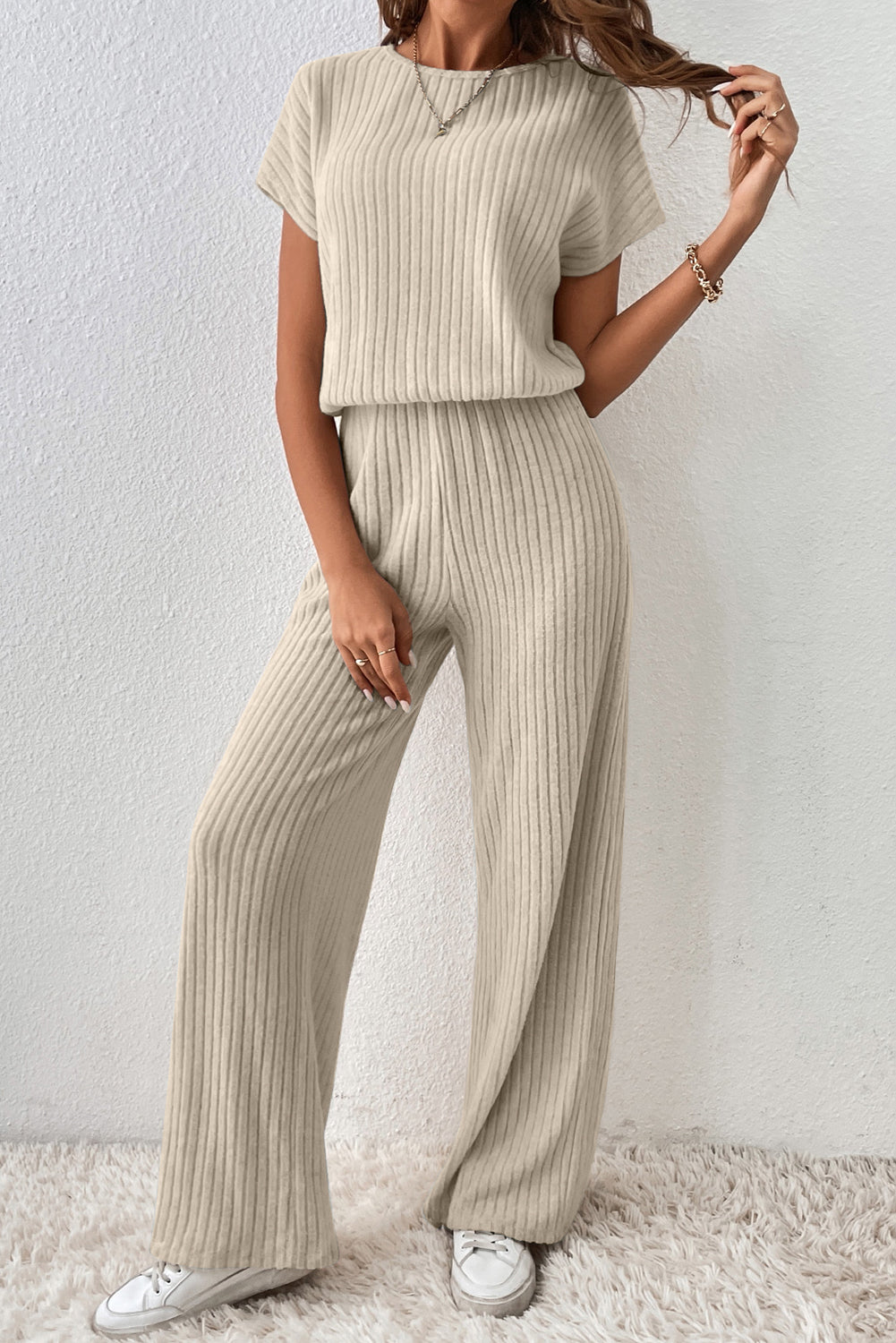 Ribbed Keyhole Short Sleeve Jumpsuit