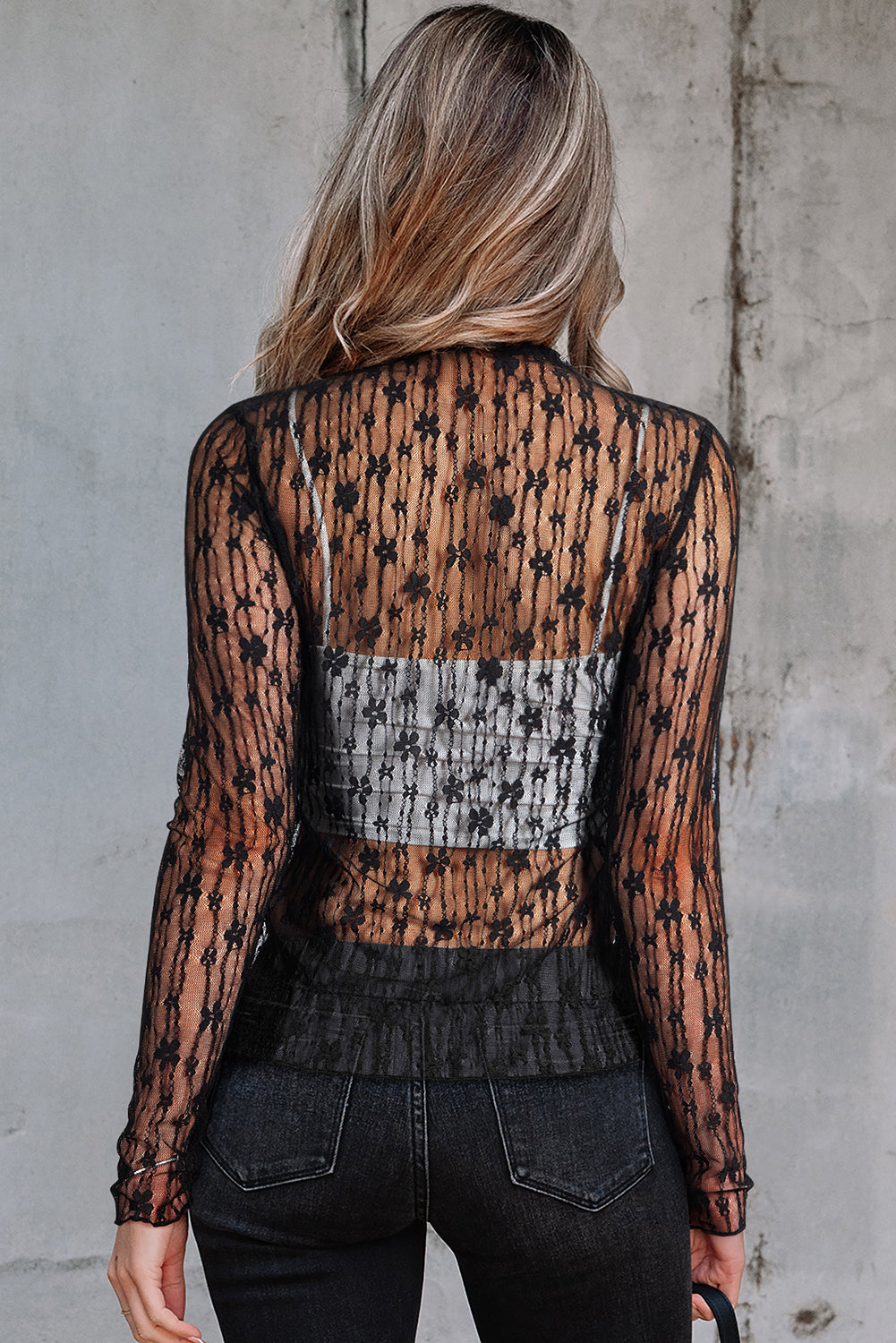 Sheer Floral Lace Long Sleeve Top