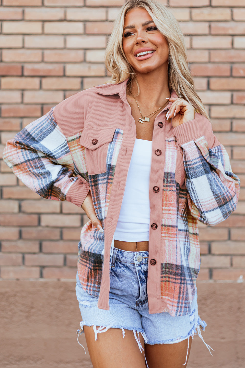 Corduroy Plaid Patchwork Shacket