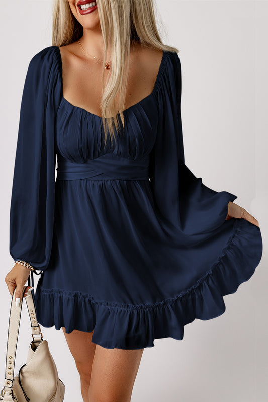 Blue Ruffled High Waist Mini Dress