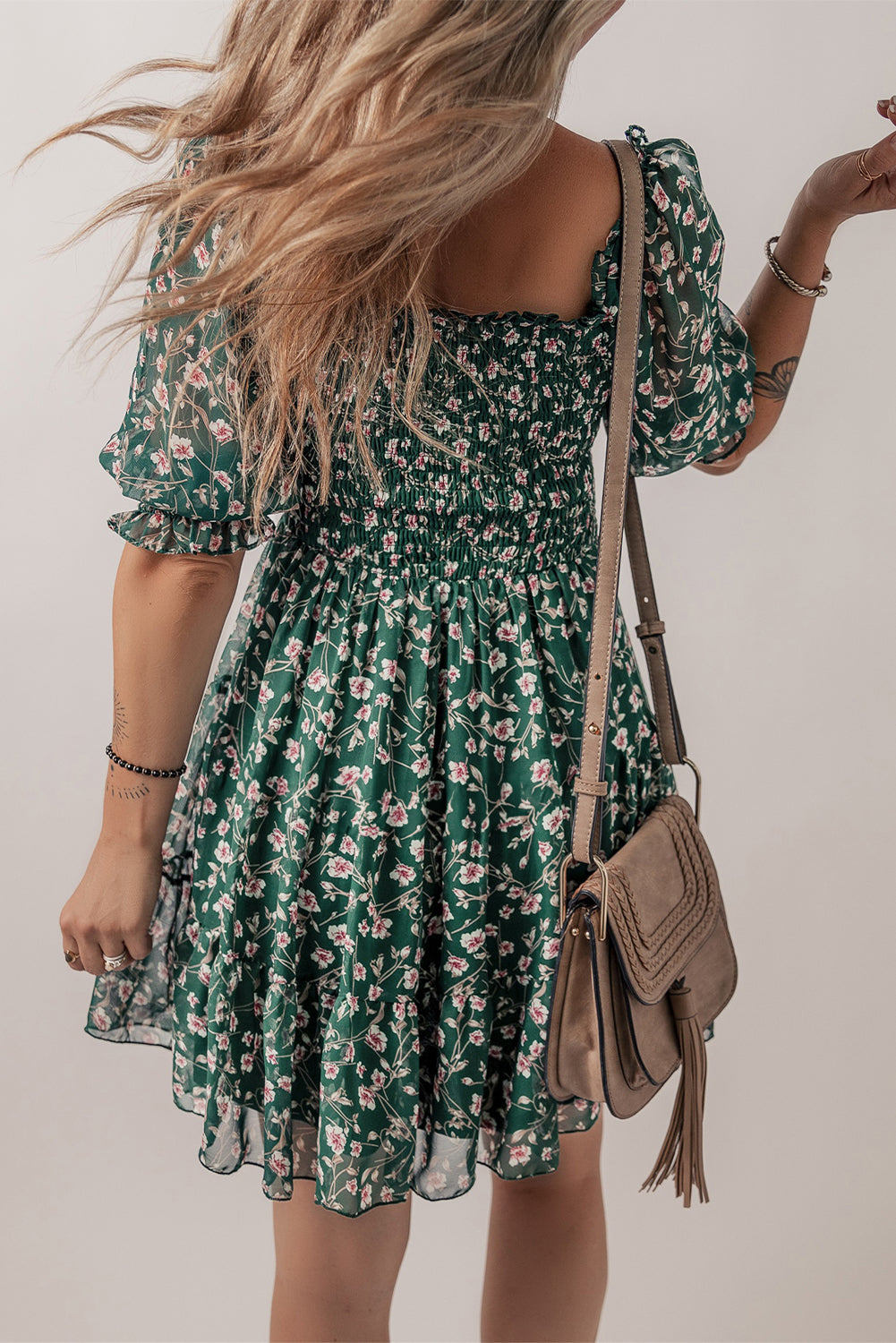 Green Short Sleeve Floral Dress
