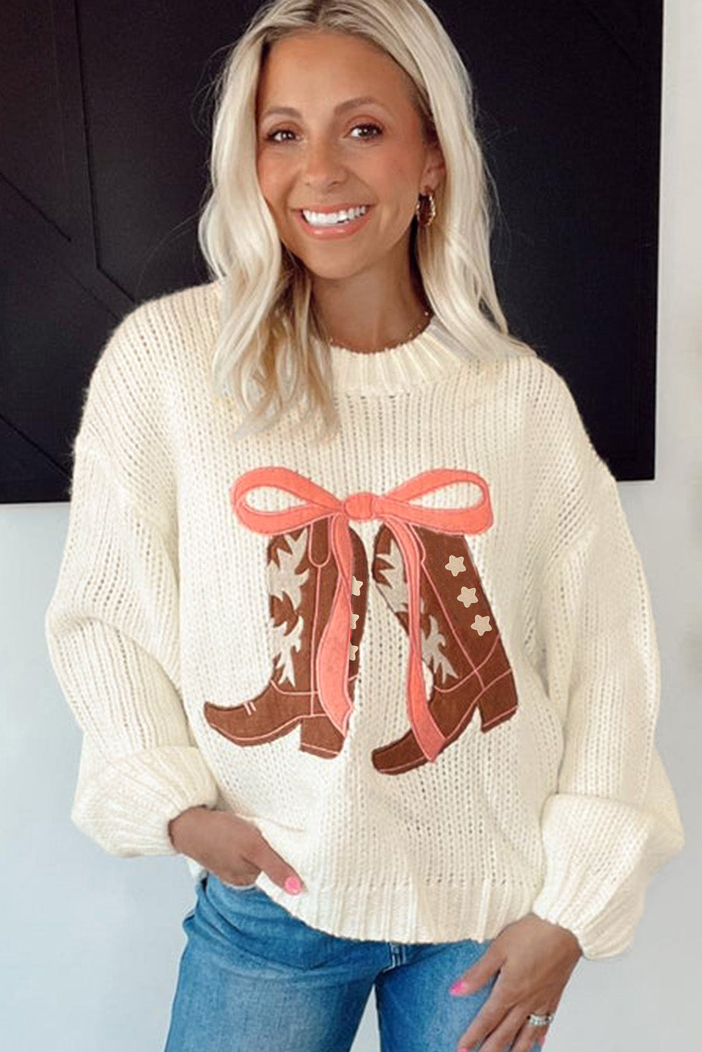 Embroidered Bow Boots Graphic Sweater
