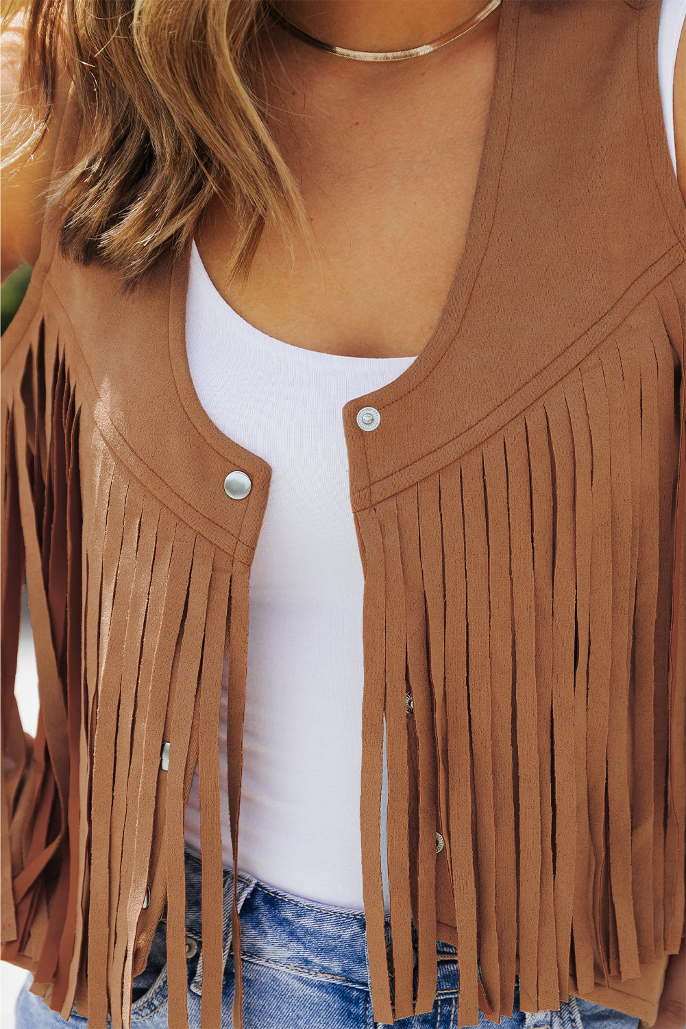 Camel Fringed Snap Button Vest