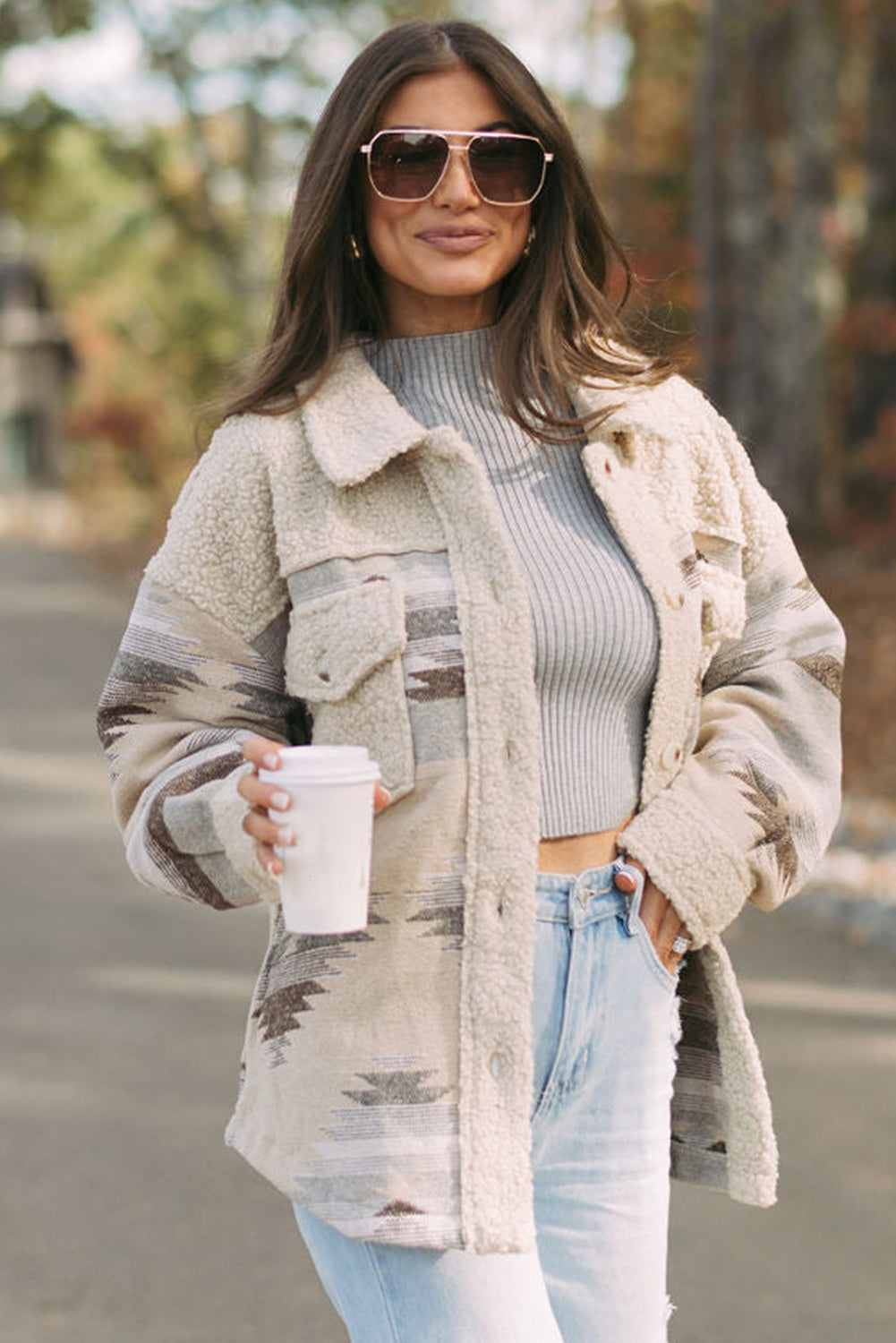 Pink Western Aztec Print Sherpa Jacket