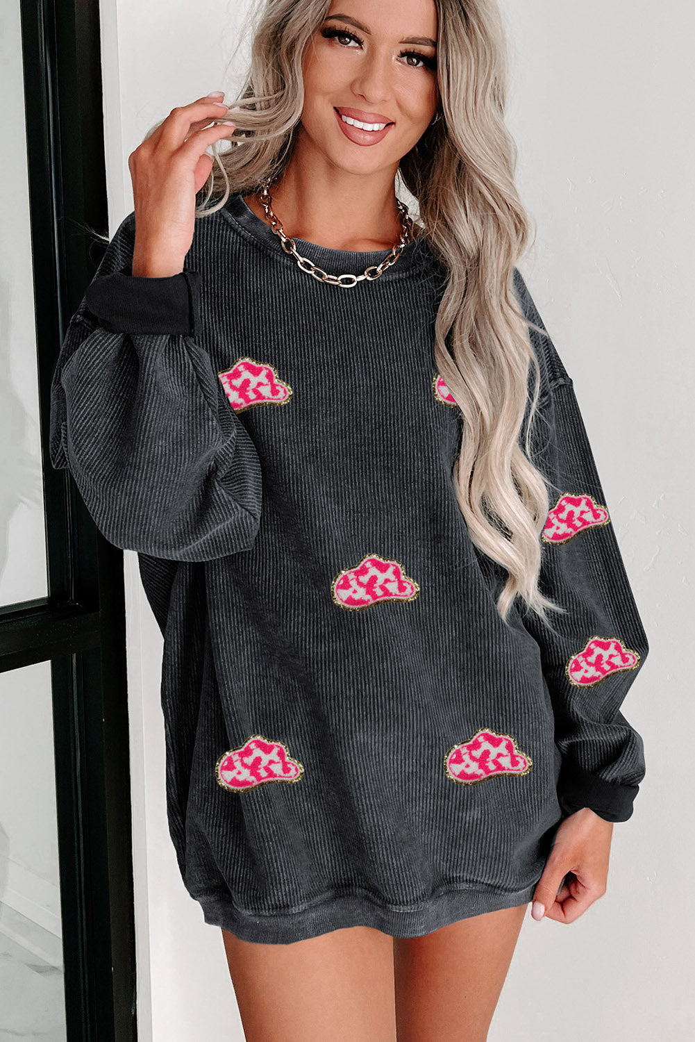 Glittery Cowboy Hat Patched Pullover Sweatshirt