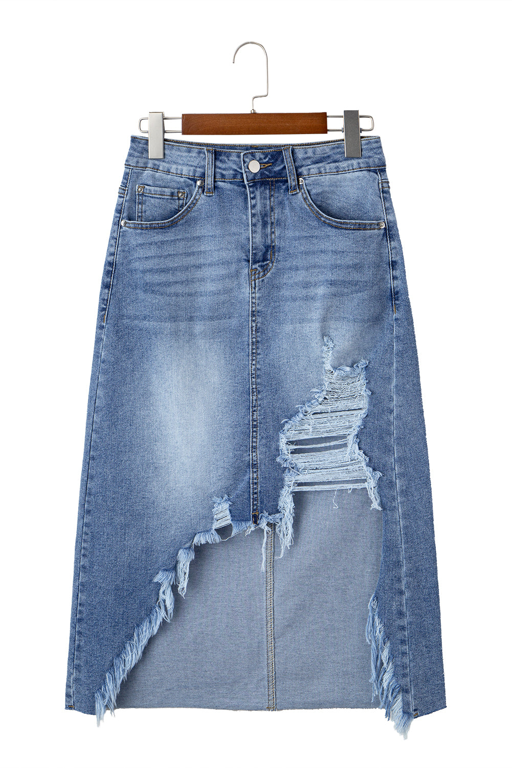 Distressed Bottom Denim Midi Skirt