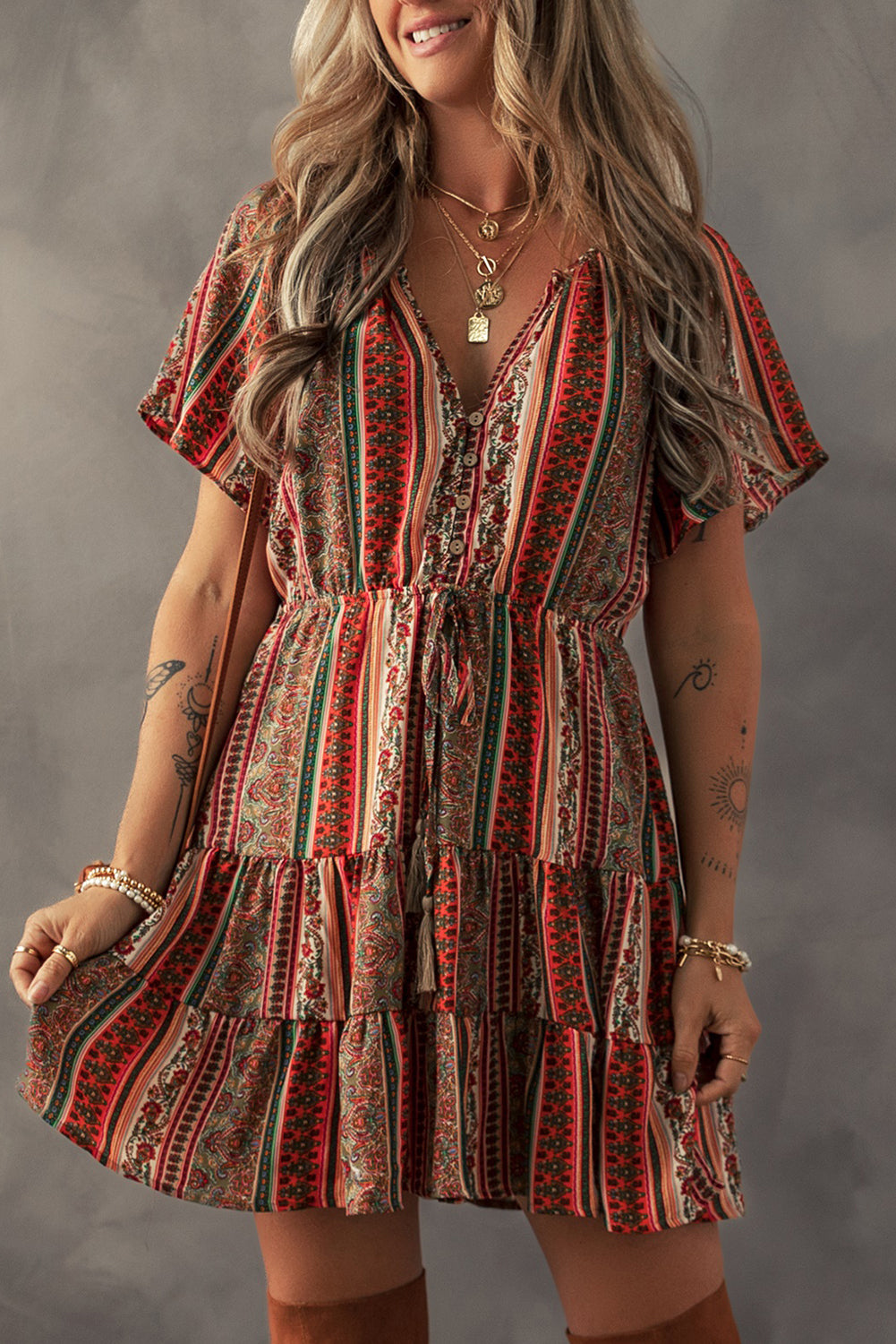 Bohemian Floral Print V Neck Dress
